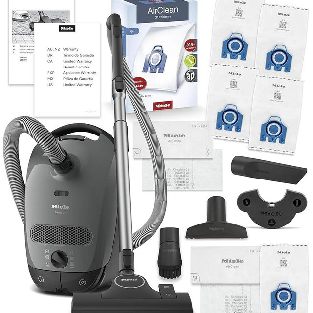 Miele Classic C1 Pure Suction Canister Vacuum Cleaner with AllTeQ Universal Floorhead Bundle - Includes GN Bag Pack - 4 AirClean Genuine FilterBags + Genuine AirClean Filter and Pre-Motor Filter