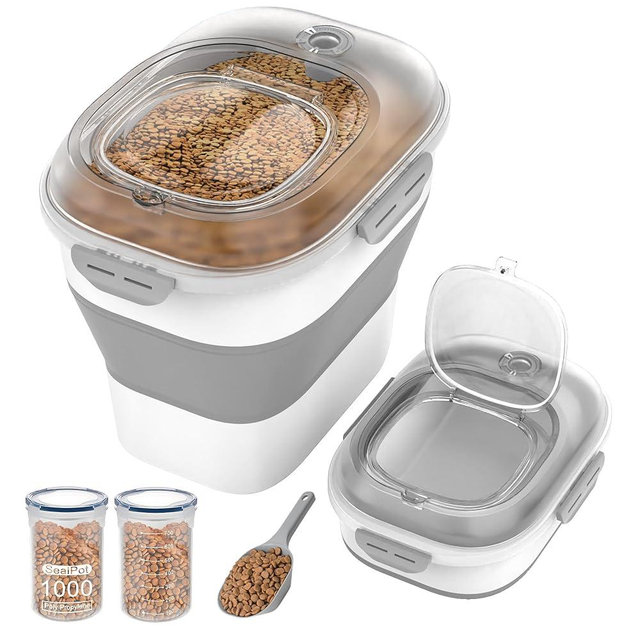 DDMOMMY 32-35 Lbs Dog Food Storage Container,Collapsible Dog Food Container with Transparent Airtight Lid,Wheels,Date Track,Pet Food Storage Container for Rice,Flour,Sugar,Scoop And 2PCS Containers