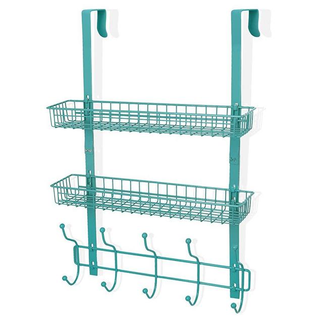 Coat Rack, MILIJIA Over The Door Hanger with Mesh Basket, Detachable Storage Shelf for Towels, Hats, Handbags, Coats (Tiffany Blue-2 Layer)