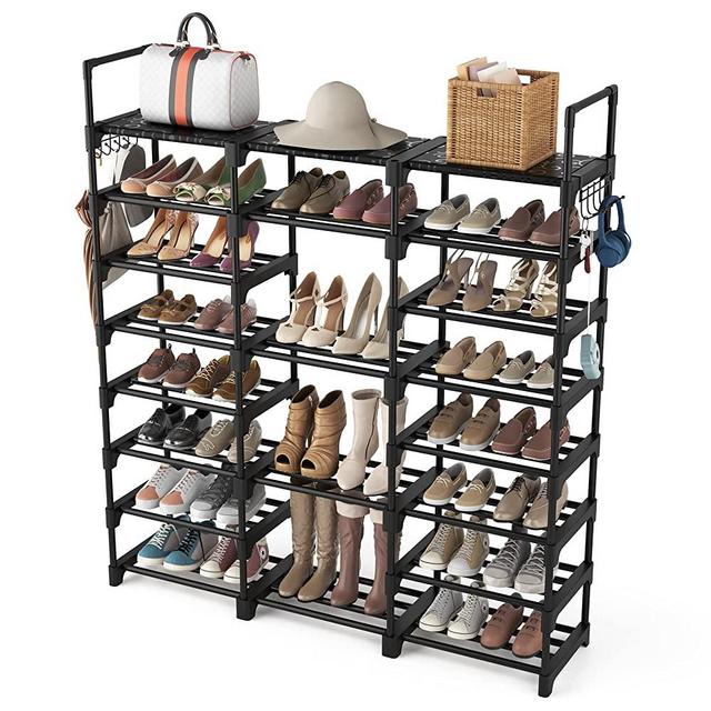 VTRIN Shoe Rack Shoe Organizer 8 Tiers Shoe Rack for Entryway Holds 36-42 Pairs Shoe and Boots Shelf Organizer Storage Organizer Durable Metal with Versatile Hooks Wooden Hammer for Bedroom Black
