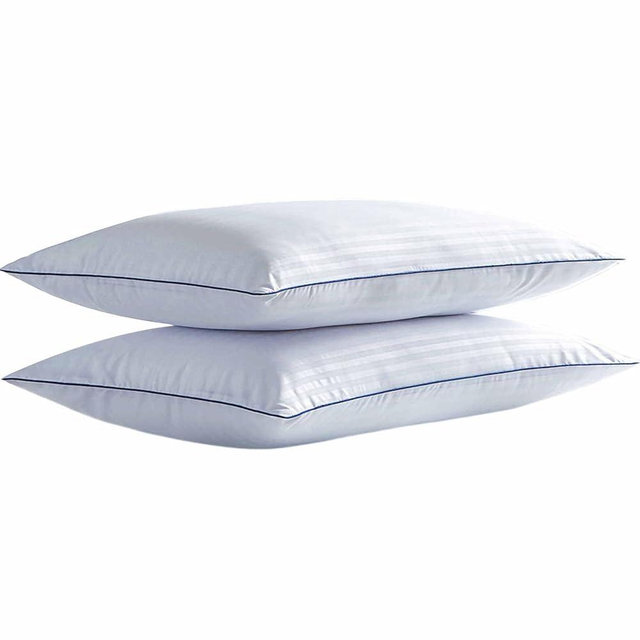 iFaon Thin Flat Soft Bed Pillows Standard Size Set of 2 Pack for Sleeping, Hypoallergenic Pillow Down Alternative Fluffy Soft Support, Machine Washable White Striped 20x26 inches