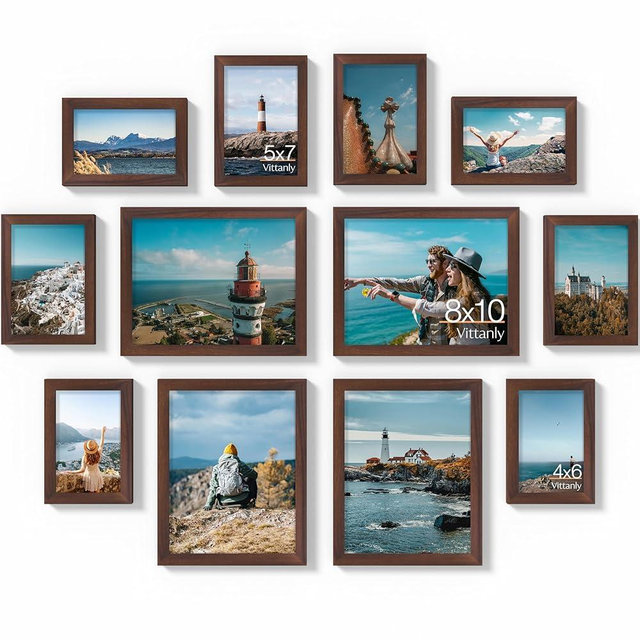 Vittanly 12 Pack Picture Frames Collage Wall Decor for Mounting or Tabletop Display, Gallery Wall Frame Set for Family, Multi Sizes Including 8x10, 5x7, 4x6, Light Brown