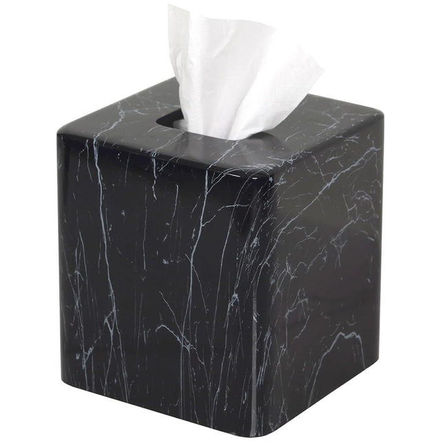 JUNGFORD Square Tissue Box Cover, Resin Facial Napkin Holder with Realistic Black Marble Pattern, Water Transfer Printed for Bathroom, Living Room, Office Decor