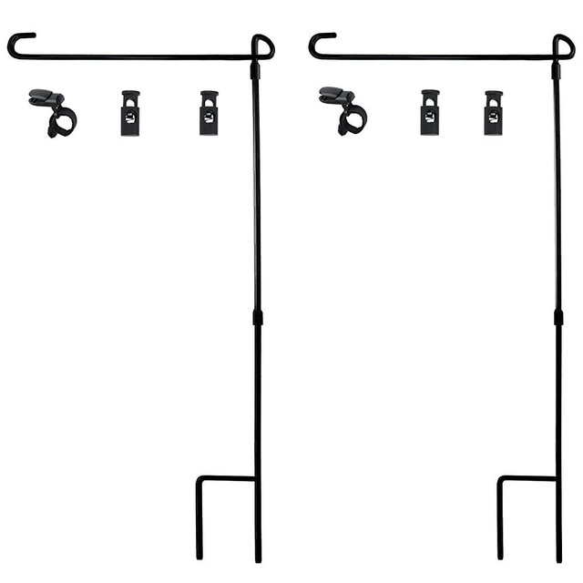 HOOSUN Garden Flag Stand, Premium Garden Flag Pole Holder Metal Wrought Iron Powder-Coated Weather-Proof Paint (2 Pack) with Tiger Clip and Spring Stoppers