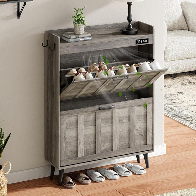 ChooChoo Shoe Storage Cabinet with 2 Flip Drawers, Deodorizing Shoe Organizer Storage for Entryway, Freestanding Hidden Slim Narrow Shoe Rack Cabinet, Grey