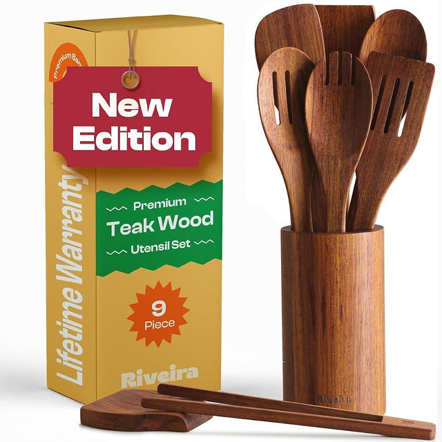 Riveira Teak Wooden Spoons for Cooking Set of 9 – Natural Teak Wooden Cooking Utensils, Wooden Spatula, Wooden Spoon - Premium Quality Wooden Utensil Set for Non-Toxic Cooking