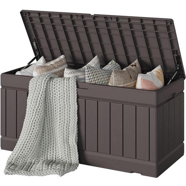 Devoko 78 Gallon Deck Box, Waterproof Resin Outdoor Storage Box for Outside and Patio, Outdoor Storage Bench Lockable for Patio Furniture, Garden Tools and Pool Supplies (Brown, 78 Gallon)