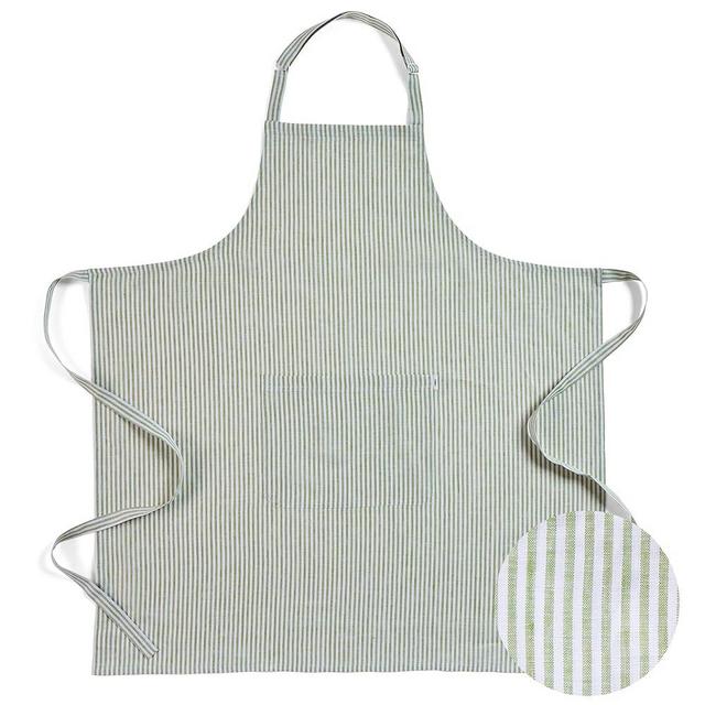 Solino Home Linen Kitchen Apron – 100% Pure Linen Full Midi Apron for Men & Women – Avocado and White Bib Apron with Front Pockets – Handcrafted from European Flax