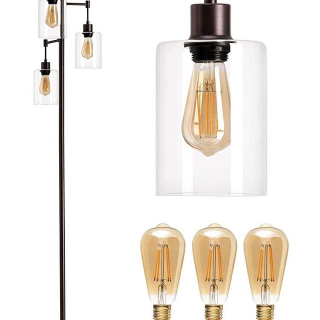 addlon Industrial Floor Lamp, Hanging Glass Shade, 3-Head Vintage Rustic Tree Standing Lamp Brown Pole Tall Light with Three LED Bulbs for Living Room, Office, Bedroom