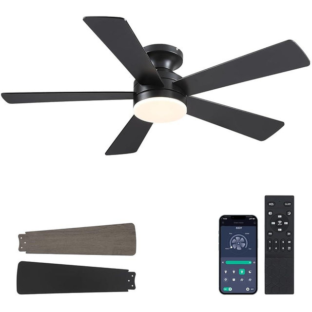 BYKISTOK Flush Mount Ceiling Fans with Lights - 46" Black Low Profile Ceiling Fan Light with Remote/APP, 6 Speeds Mute Reversible Motor, Modern Ceiling Fans for Indoor and Outdoor, Bedroom, Patios