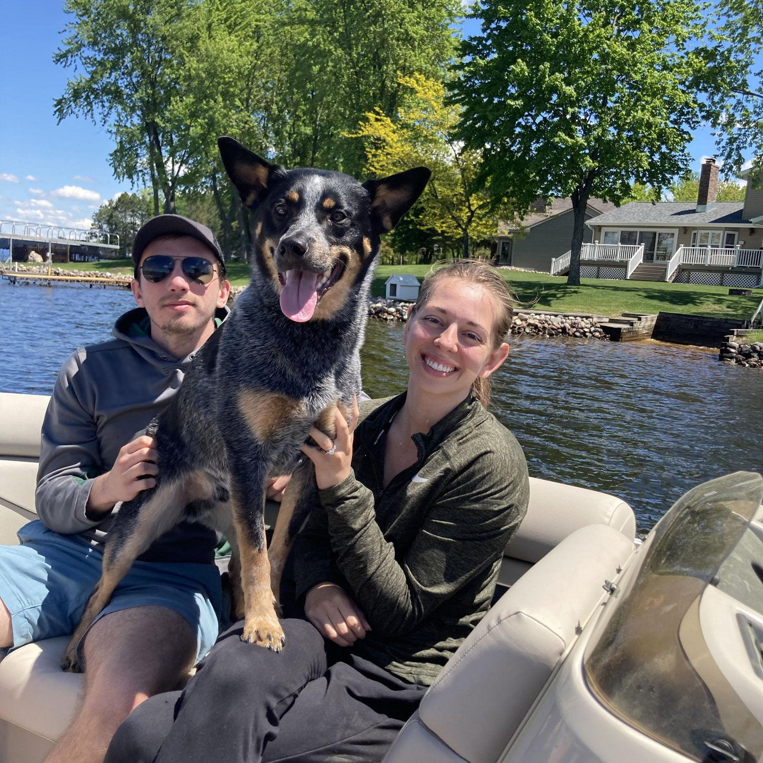 Koda's first and only ride on the pontoon, he prefers swimming and zooming around the beach.