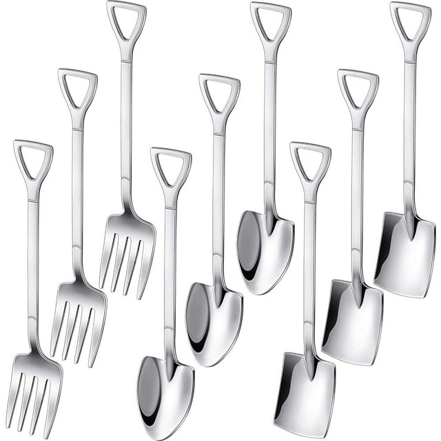 9 Pcs Silver Mini Shovel Spoons and Fork Set for Desserts Include 3 Shovel Shape 3 Pointed and 3 Stainless Steel Fork Ice Cream Spoons for Home Party Kitchen Restaurant Bistro