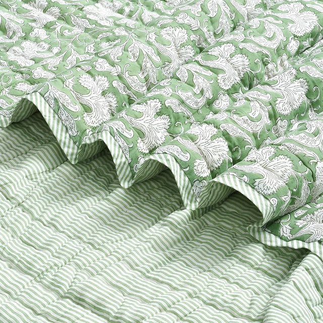 Ridhi Block Print Quilted Sage Green Reversible Throw Blanket 100% Cotton Quilt, Cover for Couch and Bed, Sage Lap Bedding Coverlet, Luxury Oversized Quilted Throw Queen 90" x 96"