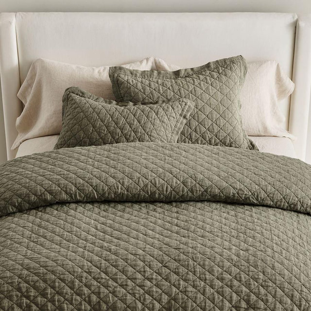 Belgian Flax Linen Diamond Quilt, Full/Queen, Loden