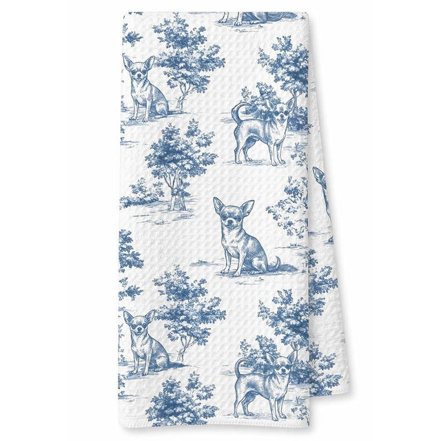 XYMHQ Blue and White Chinoiserie Chihuahua Gift Hand Towels for Bathroom Kitchen, Chihuahua Gifts for Women, Vintage Toile de Jouy Puppy Dog Kitchen Dish Tea Towels, 16x24 Inch