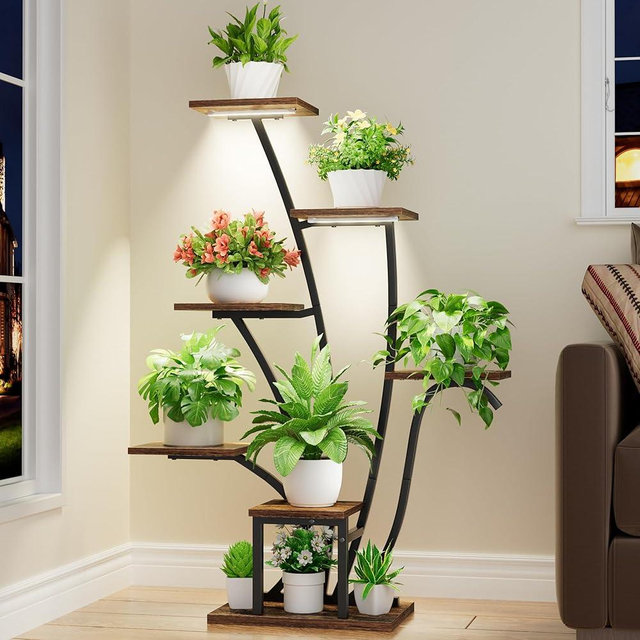 EVAWOO Plant Stand Indoor with Grow Lights - Corner Plant Shelf Indoor, 43" Tall Plant Stand for Indoor Plants, 7 Tiered Large Lighted Flower Stands Display Holder for Living Room, Patio Decor, Black