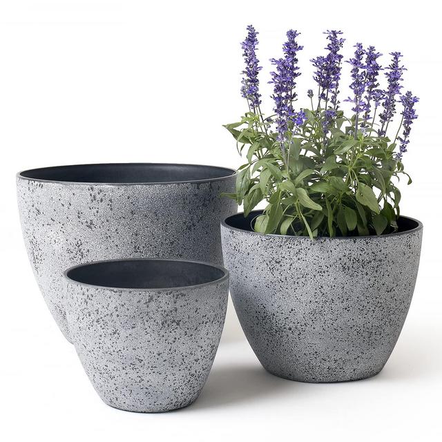 LA JOLIE MUSE Outdoor Planters Pots for Plants Set of 3 - Tree Flower Plant Pots, Plant Container with Drain Holes, 14.2+11.3+8.6 Inches, Rock Gray