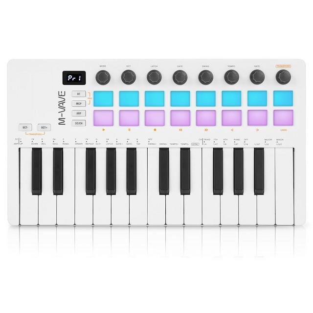M-WAVE 25 Key USB MIDI Keyboard Controller With 16 Backlit Drum Pads, Bluetooth Semi Weighted Professional dynamic keybed 8 Knobs and Music Production,Software Included (16 Drum White)