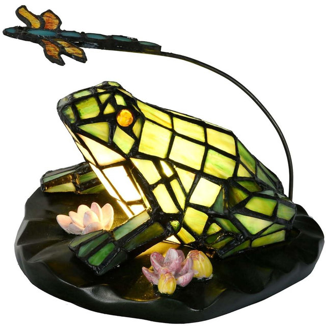 Bieye L12014 Frog Table Lamp Tiffany Style Stained Glass Accent Night Light for Home Décor Nursery Bedside (Staring at Dragonfly)