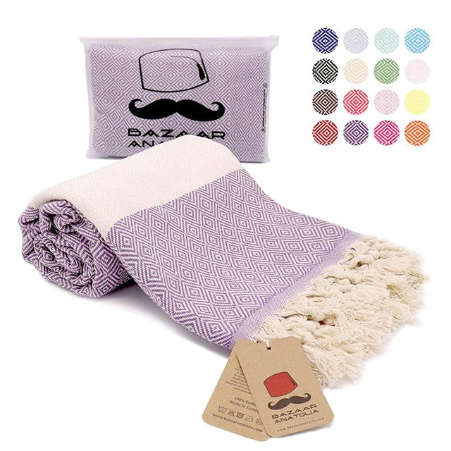 Bazaar Anatolia Turkish Beach Towel 100% Cotton Bath Towels 73x38 Oversized Quick Dry Throw Blanket Diamond Purple
