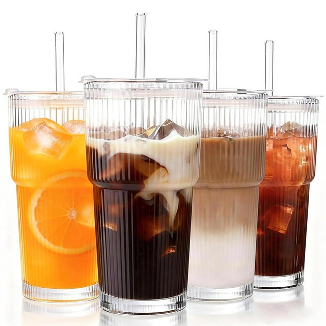 HAMILADUO 4pcs Ribbed Glass Tumbler with Straw and Lid - 20oz Reusable Iced Coffee Beer Cups, Coffee Bar Accessories for Cocktails Juices, Includes 1 Cleaning Brush