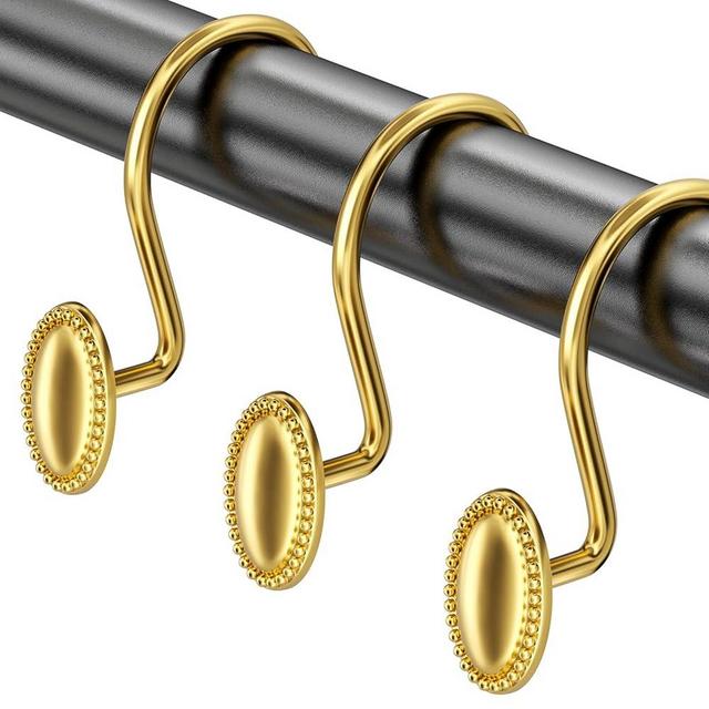 AmazerBath Gold Shower Curtain Hooks, 12PCS Rust Proof Shower Curtain Rings, Decorative Modern Shower Curtain Hangers, Elliptical Heavy Duty Design Convenient for Bathroom Kitchen Wardrobe