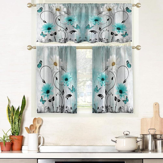 AAtter Teal Floral Kitchen Curtains and Valances Set 3 Piece Farmhouse Flower Vintage Rustic Country Butterfly Daisy Rod Pocket Small Short Tiers Living Room Bedroom Bathroom 52x18 inch + 26x36 inch*2