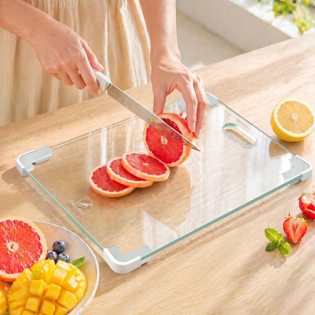 Callsky Tempered Glass Cutting Board, 12x16 Clear Glass Cutting Board for Kitchen Counter with Non-Slip Feet, Shatter Proof, Full-Wrap Corner Guard, 5mm Heat Resistant Chopping Board, Dishwasher Safe