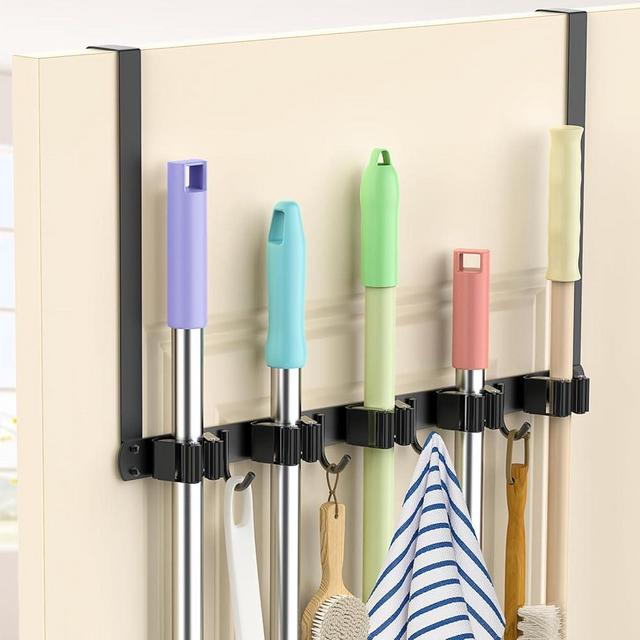 Broom Holder Over The Door Drilling Free Mop and Broom Holder with 4 Over Door Hook, Metal Mop and Broom Holder Wall Mount Broom Storage Tool Organizer for Laundry Room Garage Kitchen Bathroom