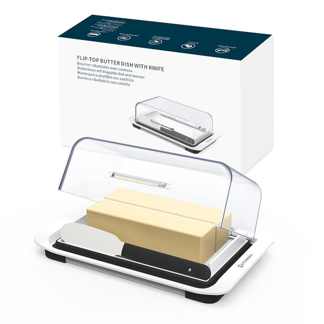 KITCHENDAO Airtight Flip-Top Butter Dish with Lid and Knife Spreader for Countertop and Refrigerator, Butter Keeper, Plastic Butter Holder Tray for 2 Sticks East Coast/ West Coast/ Kerrygold Butter