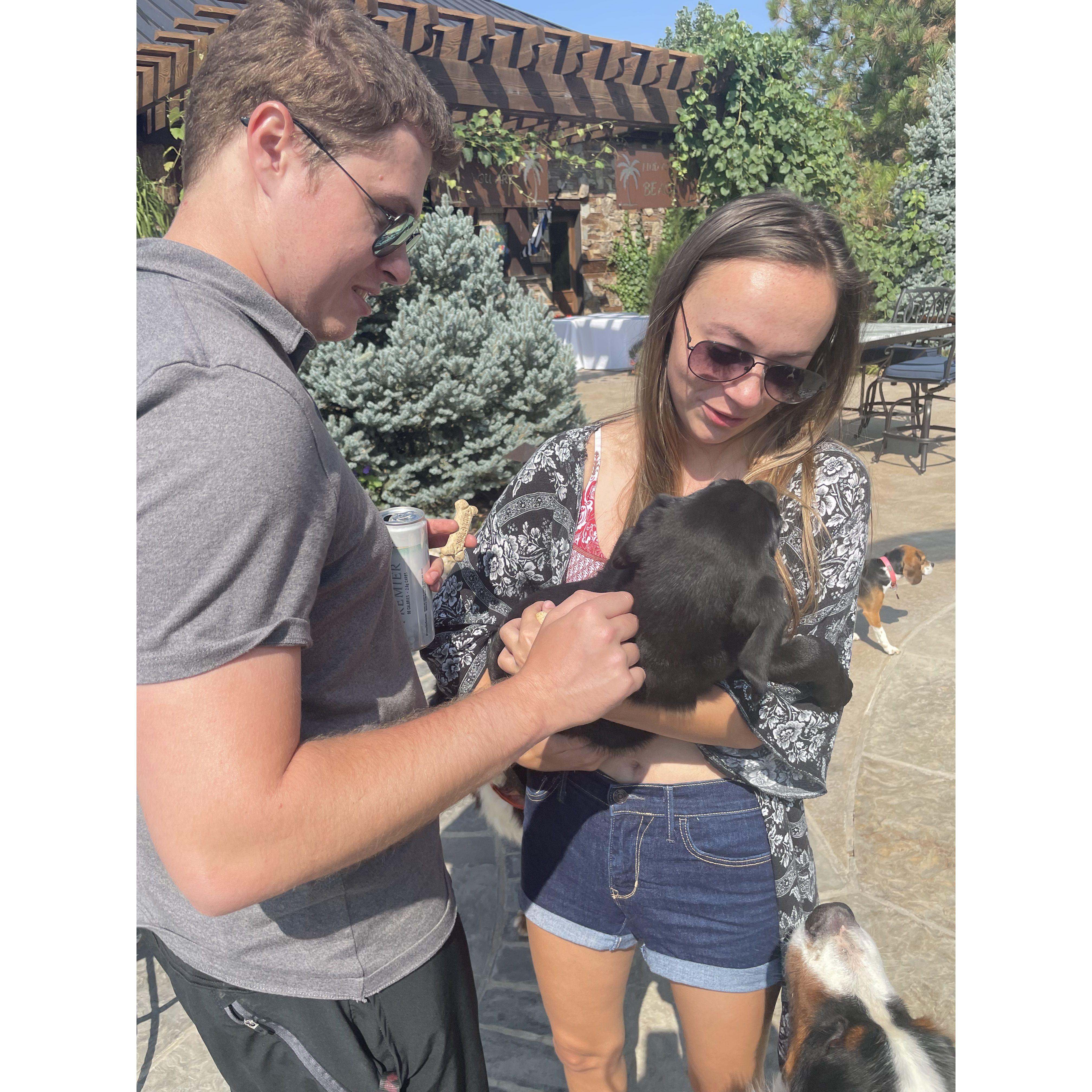 Michael and Alyvia picking up their handsome boy, Rocky!