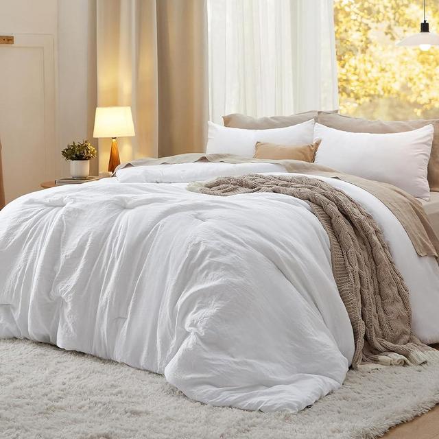 Bedsure Queen Size Comforter Sets, White Soft Prewashed Bed Comforter for All Seasons, 3 Pieces Warm Bedding Sets, 1 Lightweight Comforter (90"x90") and 2 Pillowcases (20"x26")
