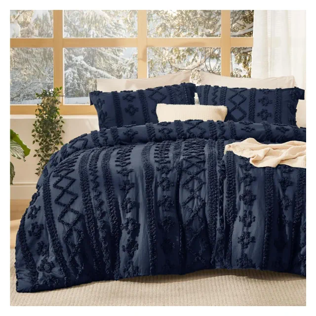 Bedsure Tufted Boho Comforter Set Queen Size - Navy Boho Bed Set, GentleSoft™ 3 Pieces Farmhouse Shabby Chic Embroidery Bedding, Gifts for Woman, Soft