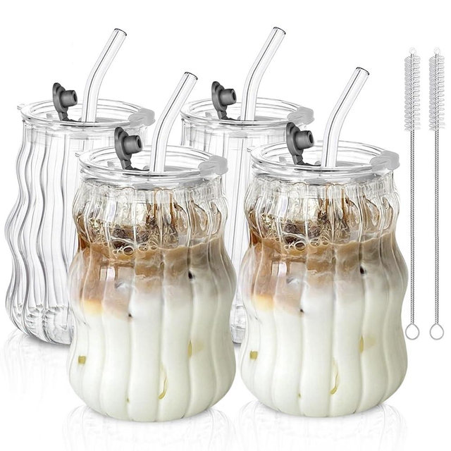 KEMORELA 4PCS Ribbed Glass Cups with Lids & Straws – 18oz Vintage Wavy Coffee Cups, Bubble Glass Aesthetic for Iced Coffee, Clear Ribbed Glasses with Straws, Ideal Drinkware Set