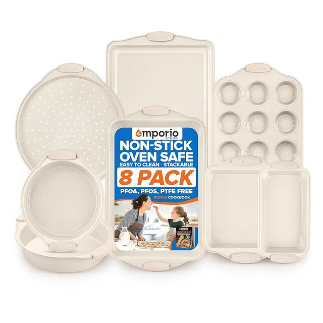 Emporio Kitchen Baking Pan Set - Nonstick Coating, Carbon Steel Bakeware Set with White Silicone Handle, PFOA, PFOS, PTFE Free, Recipe Booklet Included, Oven Safe Tray (Up To 450° F), Set of 8 - White