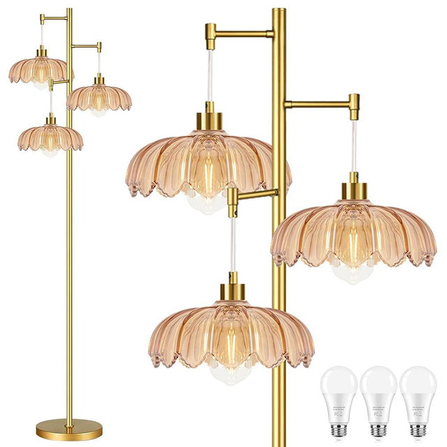 QIYIZM Glass Floor Lamp for Living Room,Bedroom,Gold Mid Century Modern Standing Lamp Brass Tree 3 Light Tall Floor Lamps Vintage Retro Floor Lights Flower Lamp Shade Farmhouse Boho Bohemian