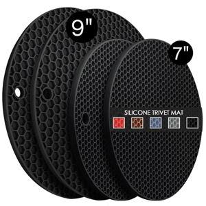 4 Pack Silicone Trivet Mats, 7 Inch & 9 Inch Flexible Heat Resistant Silicone Hot Pads Pot Holders for Kitchen Counter, Round Trivets for Hot Dishes - Potholders Jar Opener(Black)