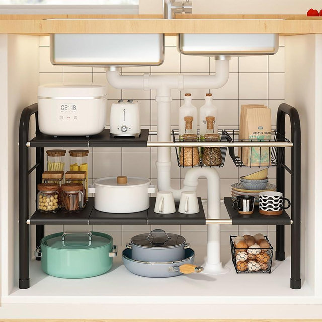 KOSIWU Expandable Under Sink Organizer, 2 Tier Under Sink Shelf with 2 Removable Baskets and 6 Removable Panels for Cabinet Sink Cloakroom Wardrobe Closet Storage(Black, 17.71”-32”Length
