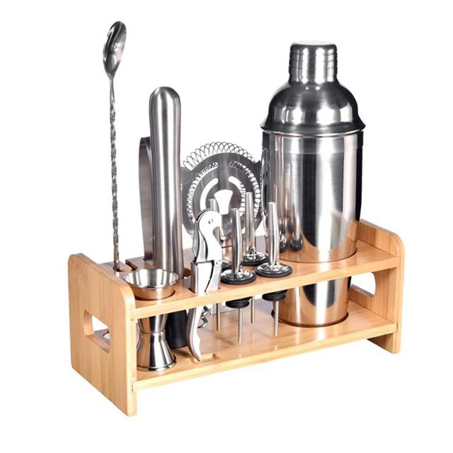 Bartender Kit with Stylish Bamboo Stand, 12 Piece Cocktail Shaker Set for Mixed Drink, Professional Stainless Steel Bar Tool Set - Cocktail Recipes Booklet(25 oz)