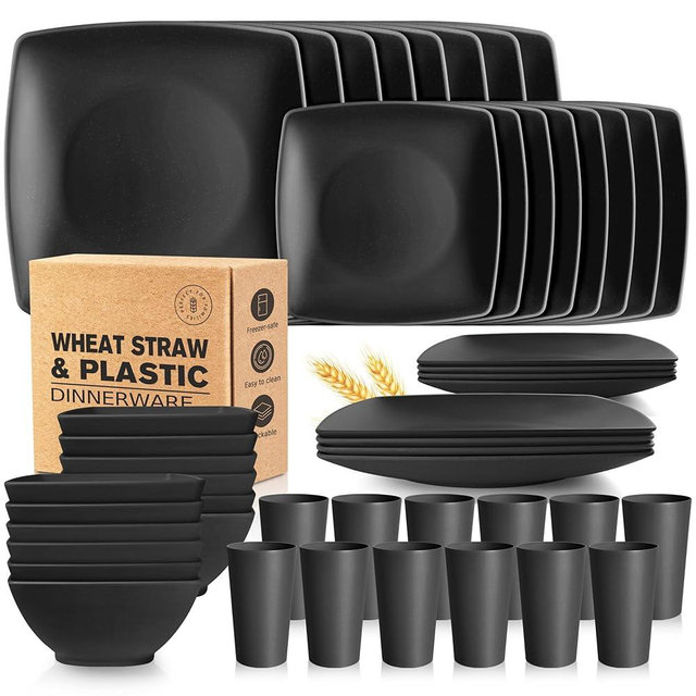 Teivio 48-piece Wheat Straw Square Dinnerware Set for 12, Unbreakable Dinner Plates, Salad Plates, Snack Bowls, Tumblers 20 oz, Dishwasher Safe, Black