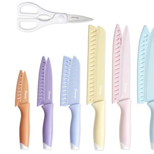 Knife Set, 13 PCS Kitchen Knives Set with Nonstick Ceramic Anti-Rust Coating, Stainless Steel Chef Knife Sets with 6 Blade Guards, Dishwasher Safe, House Warming Gifts New Home