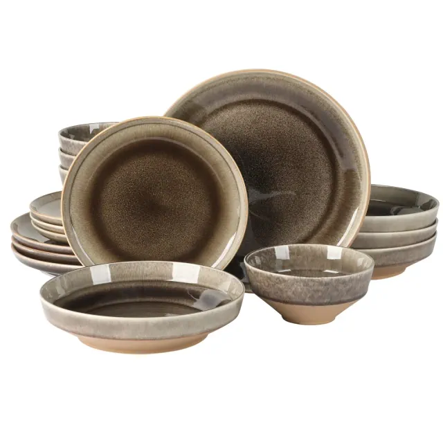 Gibson Elite Hailstone 16 Piece Stonewe Reactive Glaze Ceramic Dinnerware Set - Black