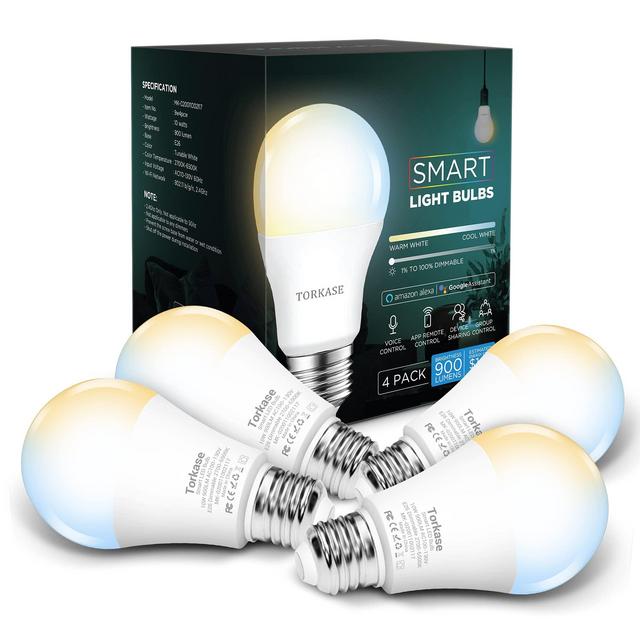 Smart Light Bulbs Work with Alexa Google, 10W 2700K Warm White to 6500K Daylight Dimmable, WiFi LED Bulb, Voice App Group Control, Time Schedule, 2.4Ghz Only, No Hub Required, 4 Pack by Torkase