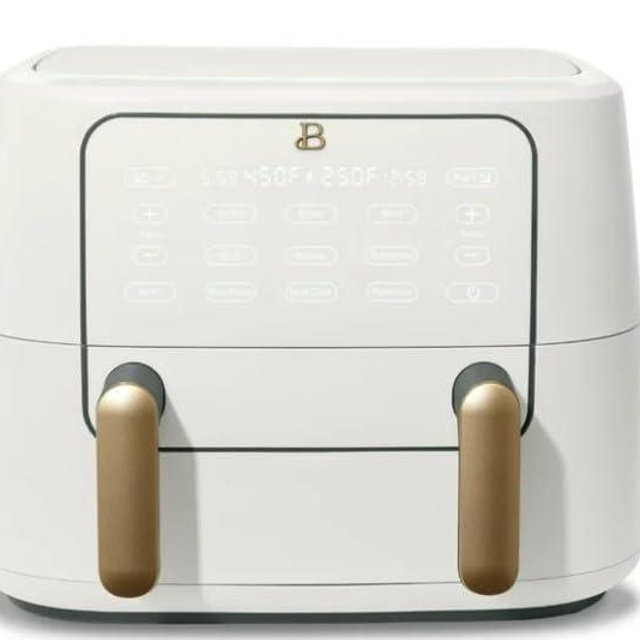 Beautiful 9QT TriZone Air Fryer by Drew Barrymore, Dual Basket, Sync Finish, 1700W, Touch Display, Air Fry, Roast, Bake, Dehydrate, Reheat, Broil, Dishwasher Safe Parts (White Icing)