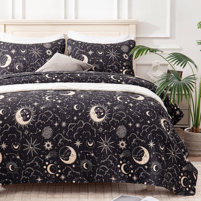 EXQ Home Quilt Set Full Queen Size Black Print 3 Piece,Lightweight Soft Coverlet Modern Style Sun Starry Pattern Bedspread Set(1 Quilt,2 Pillow Shams)