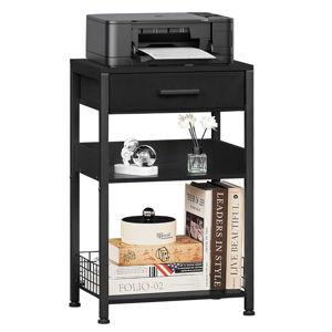Lerliuo Pure Black Printer Table with Fabric Drawer,3 Tier Industrial Wood Printer Stand with Storage Shelf,Modern Tall End Table,Nightstand,Bed Side Tables for Scanner Fax Home Office Small Spaces