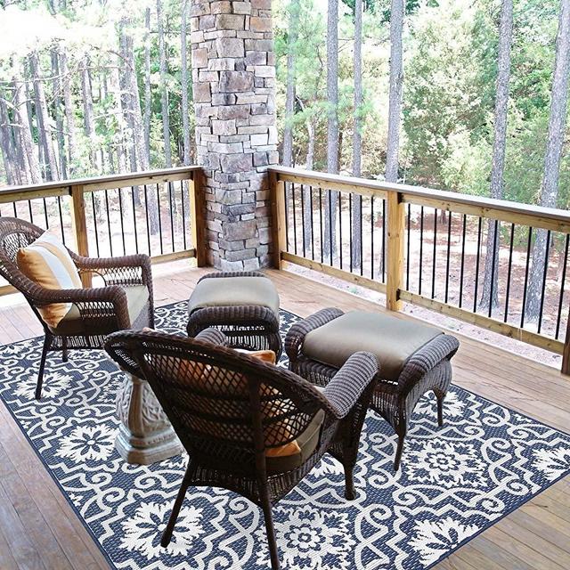 Indoor Outdoor Moro Tile Area Rug (5'3" X 7'6", Navy)