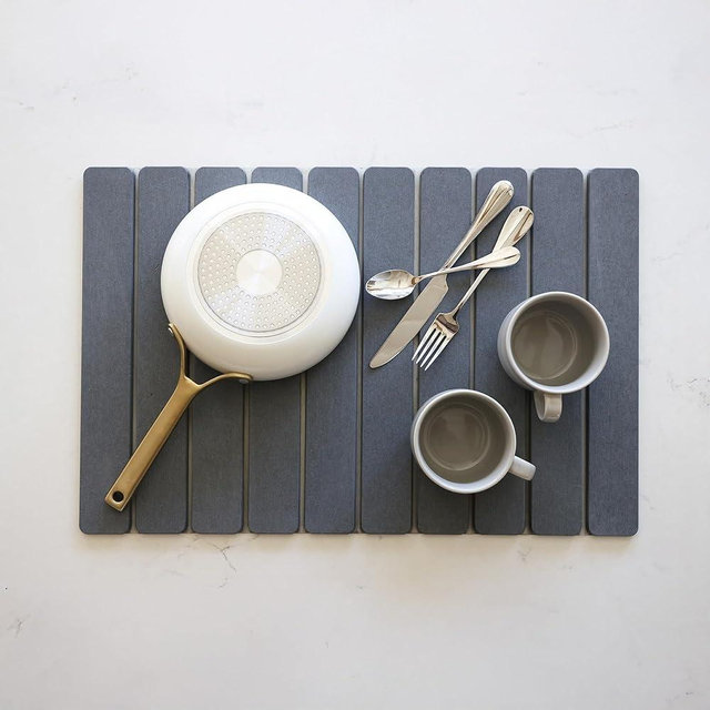 Selegna Diatomite Stone Collapsible Dish Drying Mat for Kitchen Counter, Fast Drying Diatomaceous Earth Stone Dish Rack, Foldable, Absorbent, Large Over the Sink Dish Drying Rack (Dark Grey)