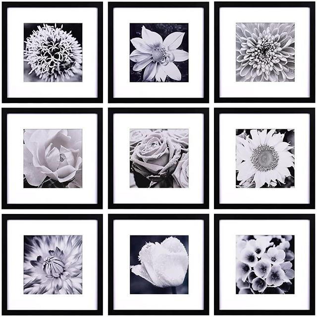 YAETM 12x12 Picture Frames Black Set of 9, Square Photo Frame Displays 8x8 with Mat or 12x12 without Mat, Gallery Wall Frame Set, Multi Collage Frames for Wall Hanging