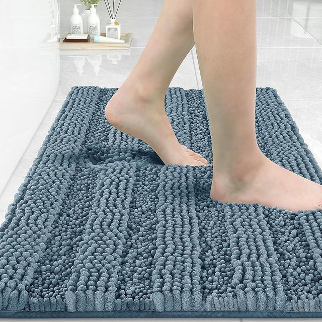 Yimobra Bathroom Rug Mat 32 x 20, Non Slip and Super Absorbent Bath Mat,Machine Washable Quick Dry,Ultra Plush Chenille Shower Rugs for Bathroom Floor Sink Tub and Shower Outside,Denim Blue